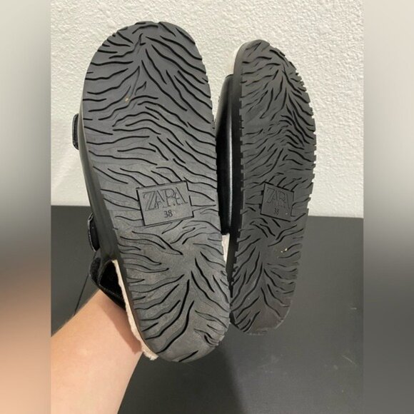 Zara Faux Leather Sherpa Buckle Sandals Chic Cozy Neutral Chunky Black White - Picture 11 of 12